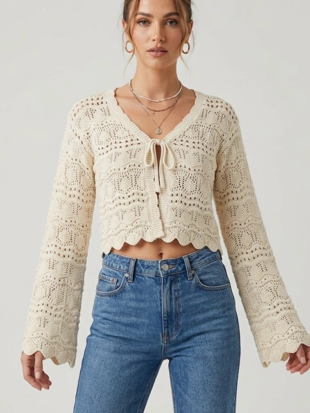 Moon & Madison Size L Cream Crochet Sweater Cardigan Tie Front Bell Sleeves